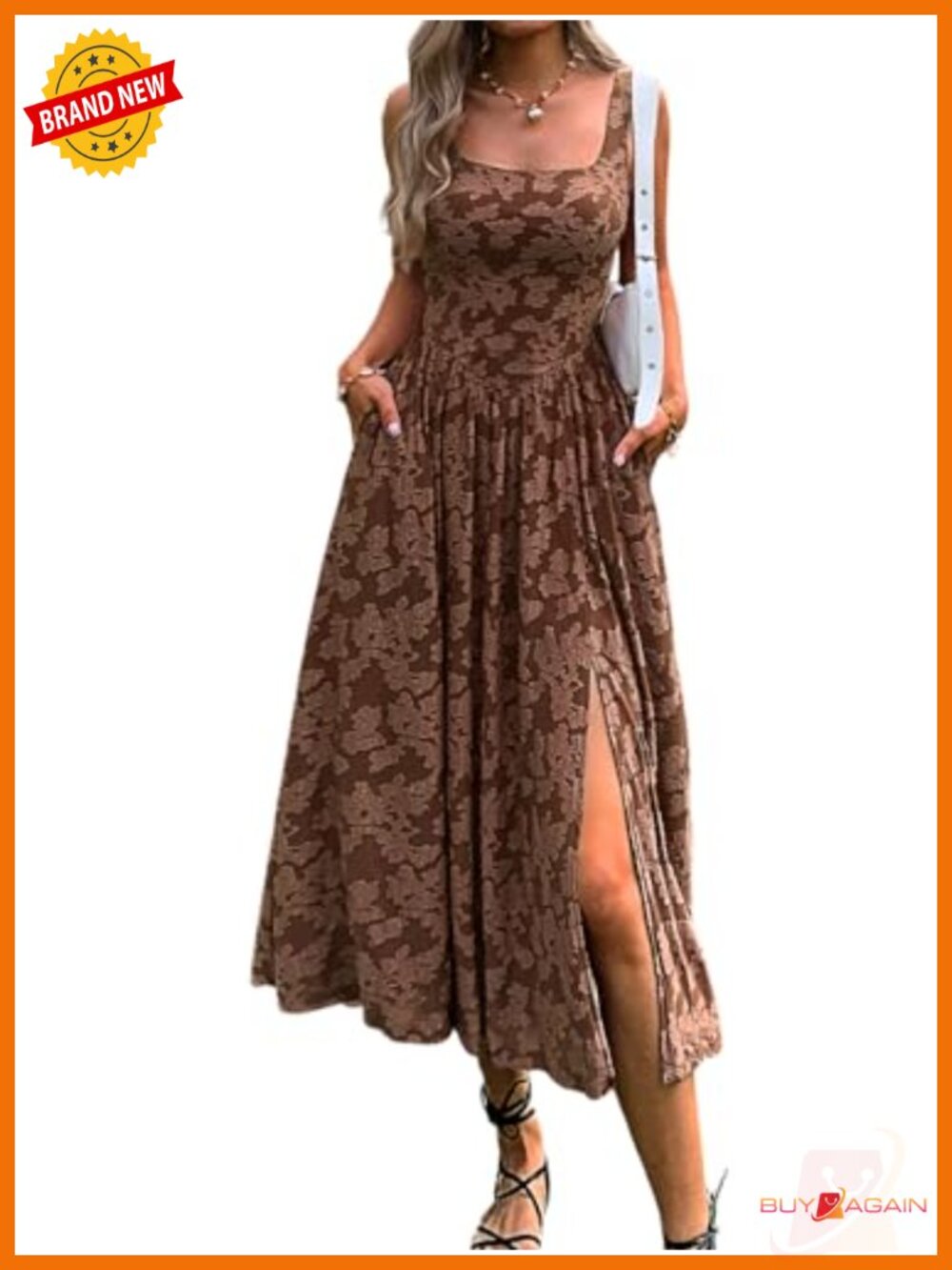 Women's Floral Boho Flowy Slit Maxi Dress with Pockets Sleeveless Square Neck